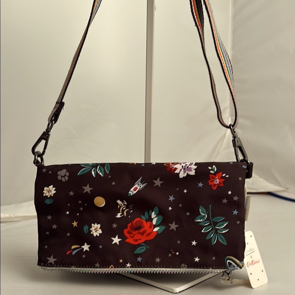Fearne by Cath Kidston black pattern adjustable rainbow crossbody messenger bag